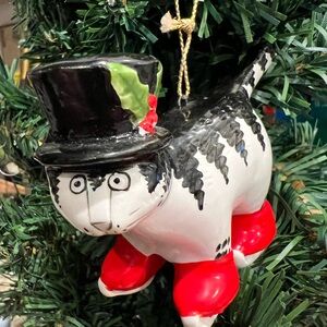 Vintage Kilban Cat Christmas ornament wearing ice skates and a top hat.